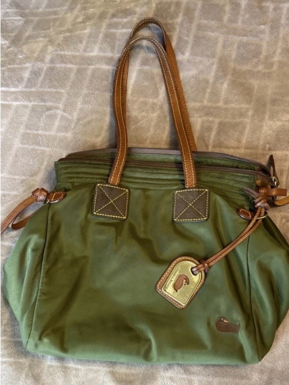 Dooney & Bourke Olive Green Nylon Tote with Brown Leather Trim